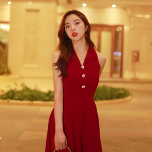 赫本风法式连衣裙无袖红色裙子，收腰气质长裙，显瘦大摆礼服裙女夏季