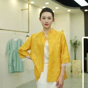 唐装新中式上衣女春夏国潮黄色提花立领七分袖衬衫外套女