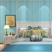 北欧地中海风格蓝色竖条纹，纯色素色无纺布，墙纸卧室客厅儿童房壁纸