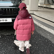 羽绒服男童冬季长款过膝儿童红色外套，2023女童保暖面包服冬装