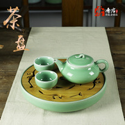 龙泉唐溪青瓷茶盘圆形中式功夫茶具陶瓷竹盖瓷托组合储蓄水干泡台