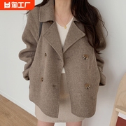 韩国chic秋冬法式气质西装，领双排扣宽松休闲百搭长袖保暖毛呢外套