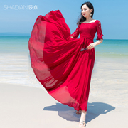 莎点雪纺大摆连衣裙酒，红色蕾丝沙滩裙，很仙法国小众气质长裙