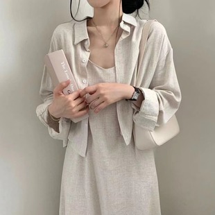 韩国chic秋季法式复古气质，减龄棉麻吊带，连衣裙+衬衫外套两件套女