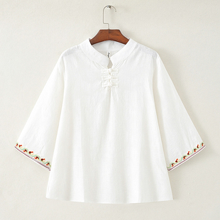 复古棉麻刺绣喇叭袖衬衫女夏季2023衬衣，中国风白色立领短上衣