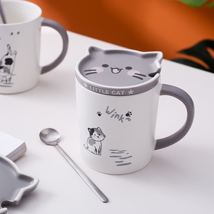 马克杯卡通猫咪陶瓷情侣杯子男生，女生水杯咖啡杯，带盖勺早餐牛奶杯