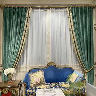 简约复古美式墨绿色，拼接雪尼尔提花客厅，卧室遮光定制窗帘
