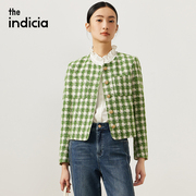 indicia气质小香风短款外套，直筒绿色格纹圆领春秋季标记女装