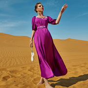 BA7032玫紫色一字肩中袖连衣裙 中东女装 长裙