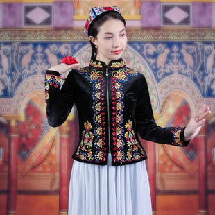 新舞蹈演出服女士秋冬金丝绒绣花短外套维吾尔族舞台表演上衣