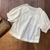 白色泡泡袖衬衫娃娃衫春刺绣设计感小众短袖衬衣法式镂空上衣女薄