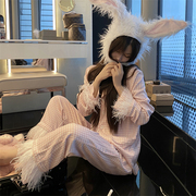 可拆卸鸵鸟毛粉色格纹睡衣套装女秋季洋气高级感减龄两件套潮