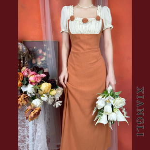 巷里法式复古连衣裙夏装橘色，拼接宫廷显瘦气质，优雅小礼服长裙