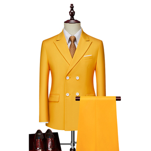 春季双排扣桔黄色西服套装男士，商务休闲正装西装外套新郎结婚礼服