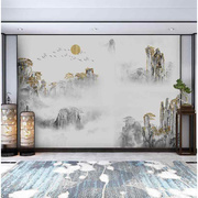 现代中式客厅山水装饰壁画素雅电视背景墙纸金色壁布酒店大厅墙布