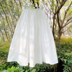 2024夏季日系森女唯美仙女白色竖条纹理棉布拼接大摆中长款半身裙