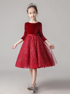 高端主持人女童红色晚礼服，花童公主裙钢琴，演奏儿童主持演出服秋冬