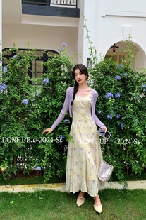 uone夏季法式茶歇温柔气质小众紫色碎花，吊带连衣裙开衫两件套装女