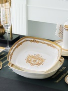 骨瓷餐具方盘家用深口盘子欧式金边菜盘大容量，汤盘轻奢方形深盘