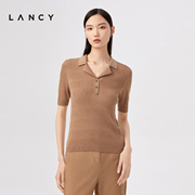 LANCY/朗姿夏季醋酸翻领短袖针织衫气质修身套头衫通勤上衣女