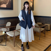 大码女装2023早秋韩版设计感西装马甲宽松长袖连衣裙气质套装