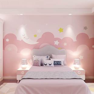 北欧儿童房壁纸卡通云朵，月亮壁纸卧室背景墙，女孩粉色公主房壁布