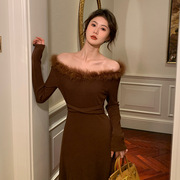 韩版秋冬女人味一字，领气质高腰针织，连衣裙打底裙子