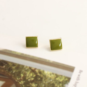 绿色耳钉纯银针简约气质韩国耳环，耳饰小巧精致耳夹女无耳洞蚊香盘