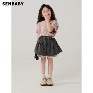 senbaby女童短袖t恤儿童，夏装套装中大童韩版粉色上衣+休闲短裤裙