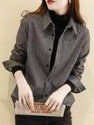 灰色磨毛格子衬衫女士，2023秋冬季韩版洋气长袖，polo领衬衣外套
