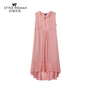 夏季粉色无袖雪纺连衣裙，花边长裙复古风气质，款白翎风采