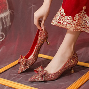 红色婚鞋2023年婚纱秀禾两穿新娘鞋低跟高跟鞋女细跟浅口单鞋