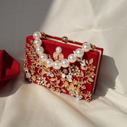 国风手工包女婚包手提(包手提)新娘，包丝绒(包丝绒)旗袍，包复古(包复古)红色口金包宴会包