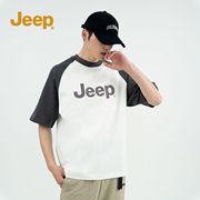 jeep吉普短袖男夏季纯棉，宽松运动衣服男款重磅，潮拼接男士t恤