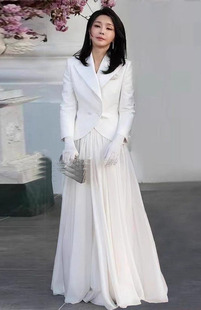 韩国总统夫人金建希同款白色韩系名媛双排扣法式复古修身显瘦西装