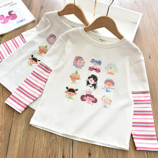 韩系洋气女童假两件彩虹条，拼接袖打底衫，儿童纯棉卡通图案t恤24春