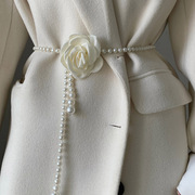 珍珠腰带女山茶花装饰百搭腰封配连衣裙，大衣外套时尚优雅皮带