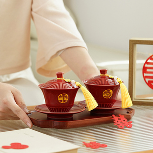 时光结婚敬茶杯喜碗筷套装一对陪嫁婚礼陶瓷改口敬茶喜杯用品大全