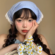 蓝色格子头巾女夏季包头法式三角巾，田园风方巾，海边沙滩防晒丝巾潮