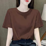 纯色圆领t恤女宽松2024年夏季常规，正肩纯棉咖啡色短袖上衣潮