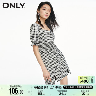 ONLY奥莱夏季格纹中国风泡泡袖方领开叉两件套连衣裙女