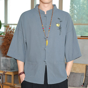 中国风男装短袖衬衣刺绣唐装夏季复古风七分中袖衬衫外套国潮