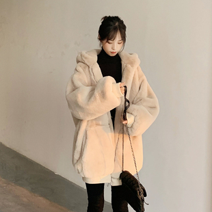 仿獭兔毛皮草外套女2021韩版宽松毛绒绒(毛，绒绒)中长款加厚连帽大衣冬