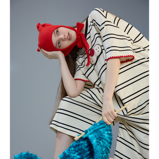 yso酷猫系列连体睡衣女夏季睡裙可爱条纹家居服套装可外穿B
