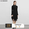 sdeer圣迪奥女装网纱长袖针织两件套黑色连衣裙S224Z1233