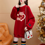 大码女装假两件红色加绒卫衣女秋冬季韩版宽松半高领洋气上衣