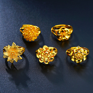 越南沙金戒指女久不掉色黄金，花朵夸张结婚情侣新娘假三金真首饰品