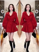 2023秋冬风衣外套女高级感洋气时尚红色，收腰系带显瘦短款上衣