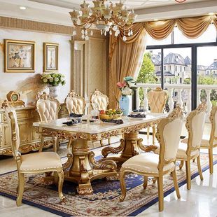 欧式大理石餐桌椅组合别墅高档餐厅，实木香槟金色加长2.4米西餐桌