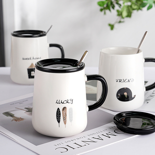 马克杯陶瓷带盖勺喝水杯子，创意潮流男女情侣，家用办公室早餐咖啡杯